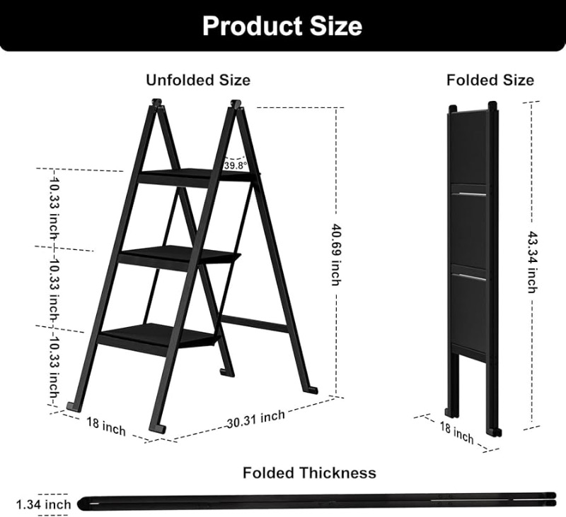 Photo 1 of 3 Step Ladder, Aluminum Ultra Thin 3 Step Folding Stool, 400 Lbs Capacity Step Ladder with Anti-Slip Sturdy and Wide Pedal, Space Saving Closet Step Stool for Home, Kitchen and Office,Black
