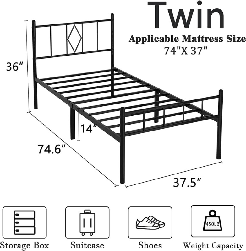 Photo 1 of 14 Inch Twin Size Bed Frames with Headboard/Footboard?Metal Slats Support No Box Spring Needed Easy to Assemble/Under Bed Storage Space/Twin Size Black