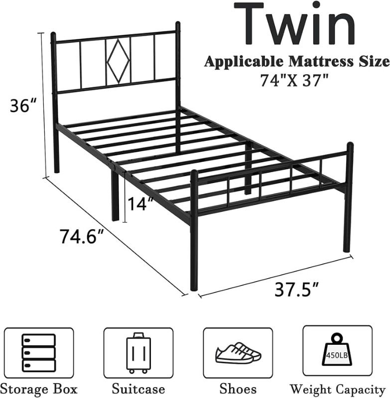 Photo 1 of 14 Inch Twin Size Bed Frames with Headboard/Footboard?Metal Slats Support No Box Spring Needed Easy to Assemble/Under Bed Storage Space/Twin Size Black