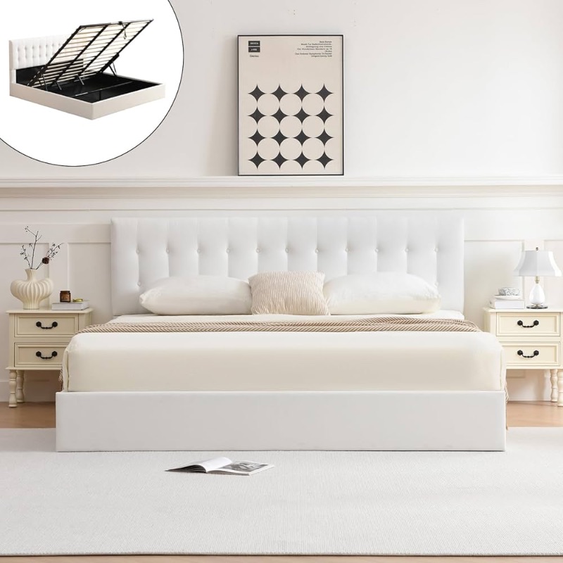 Photo 1 of ? Size Bed Frame Floating Bed Frame with LED Lights & Lift Up Storage Upholstered PU Leather Platform Bed with Charging Station, Headboard Modern Storage Bed, No Box Spring Needed, White