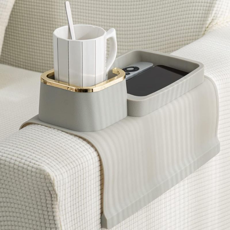 Photo 1 of Couch Cup Holder Tray, Elimiko Silicone Anti-Spill and Anti-Slip Couch Drink Holder, Strong and Weighted Phone/Remote/Snacks Sofa Cup Holder (Griege)
