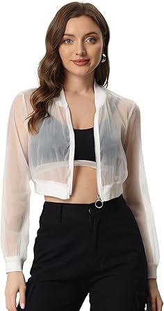 Photo 1 of Allegra K Chaqueta bomber para mujer, de manga larga, corta, malla transparente