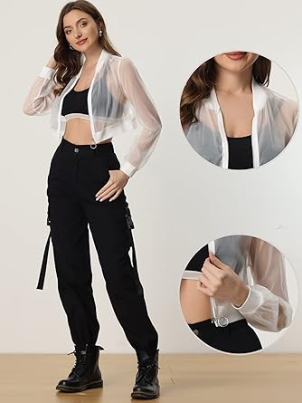 Photo 1 of Allegra K Chaqueta bomber para mujer, de manga larga, corta, malla transparente