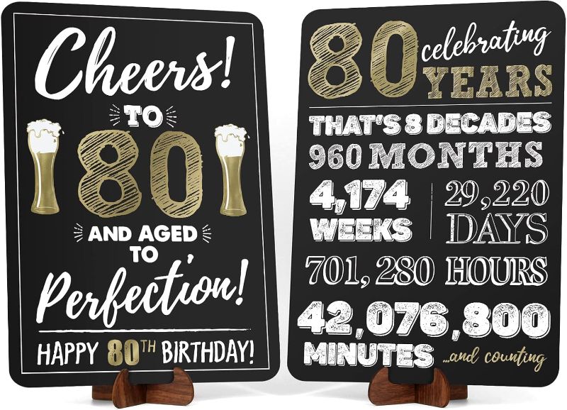 Photo 1 of 80th Birthday Decorations for Women Men, 80th Birthday Poster Anniversary Vintage Gifts, Acrylic 80th Table Sign with Stand Party Supplies, Black Gold, 2-Pack

