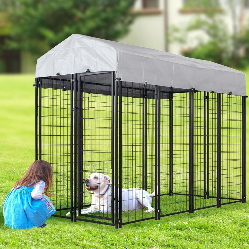 Photo 1 of 8'x4'x6' Large Outside Dog Kennel with Roof,Indoor Outdoor Dog Run Animal Enclosure Dog Pen House (Without Feeding Door, 8'L x 4'W x 6'H)