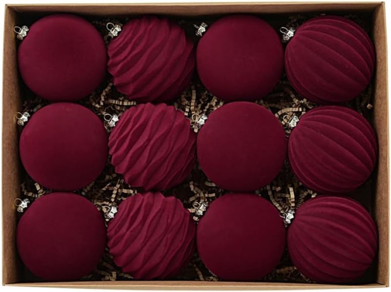Photo 1 of 12 Velvet Balls for Christmas Tree Decorations, 3.14 Inch Large Christmas Balls, Shatterproof Christmas Bulb Set, Holiday Decoration Set