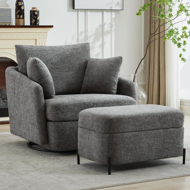 Photo 1 of *see notes*
Oversized Swivel Chair with Ottoman, Swivel Accent Chair with Ottoman for Living Room, Woven Chenille, Charcoal