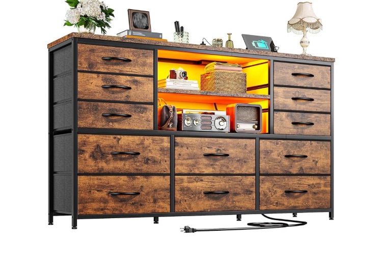 Photo 1 of 10 DRAW TV CABINETS TV Stand with 1o Fabric Drawers for TV, Entertainment Center with Charging Station & LED Lights, TV Media Console Table with 2 Open Storage Shelves for Living Room, Dorms, Wood Top, Brown