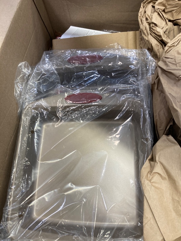 Photo 1 of ***(PARTIAL SET, MISSING PIECES)*** Rachael Ray Cucina Nonstick Bakeware Set Baking Cookie Sheets Cake Muffin Bread Pan, 10 Piece, Latte Brown with Cranberry Red Grips
