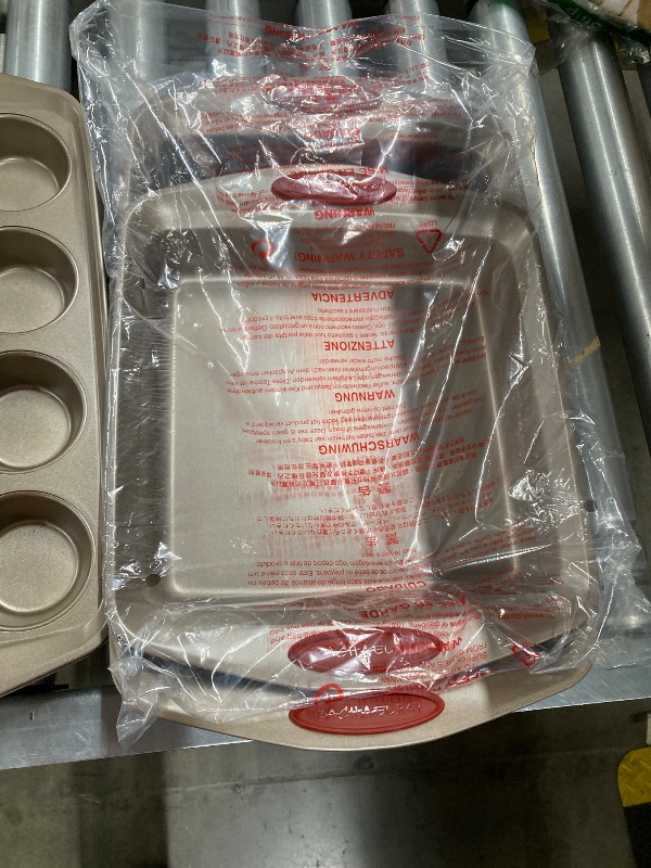 Photo 1 of ***(PARTIAL SET, MISSING PIECES)*** Rachael Ray Cucina Nonstick Bakeware Set Baking Cookie Sheets Cake Muffin Bread Pan, 10 Piece, Latte Brown with Cranberry Red Grips