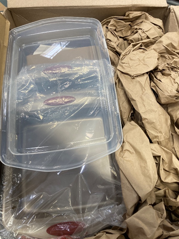 Photo 1 of ***(PARTIAL SET, MISSING PIECES)*** Rachael Ray Cucina Nonstick Bakeware Set Baking Cookie Sheets Cake Muffin Bread Pan, 10 Piece, Latte Brown with Cranberry Red Grips