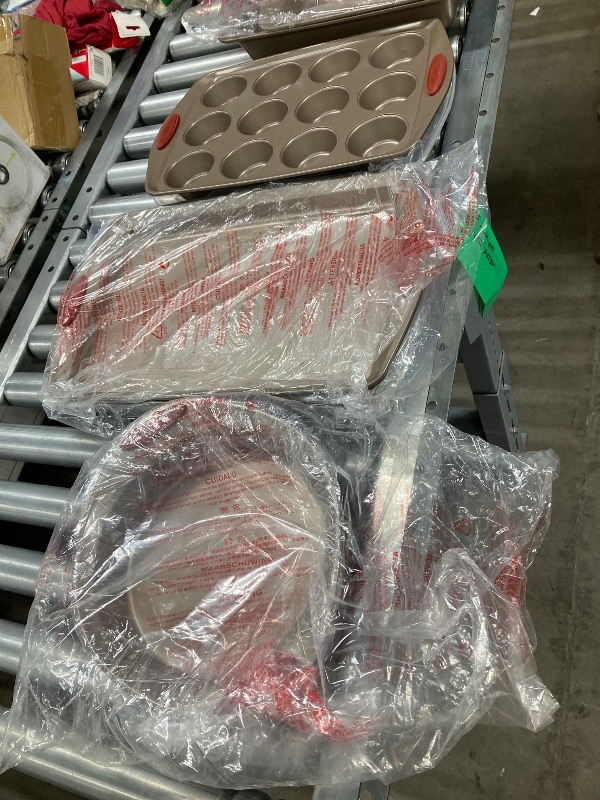Photo 1 of ***(PARTIAL SET, MISSING PIECES)*** Rachael Ray Cucina Nonstick Bakeware Set Baking Cookie Sheets Cake Muffin Bread Pan, 10 Piece, Latte Brown with Cranberry Red Grips