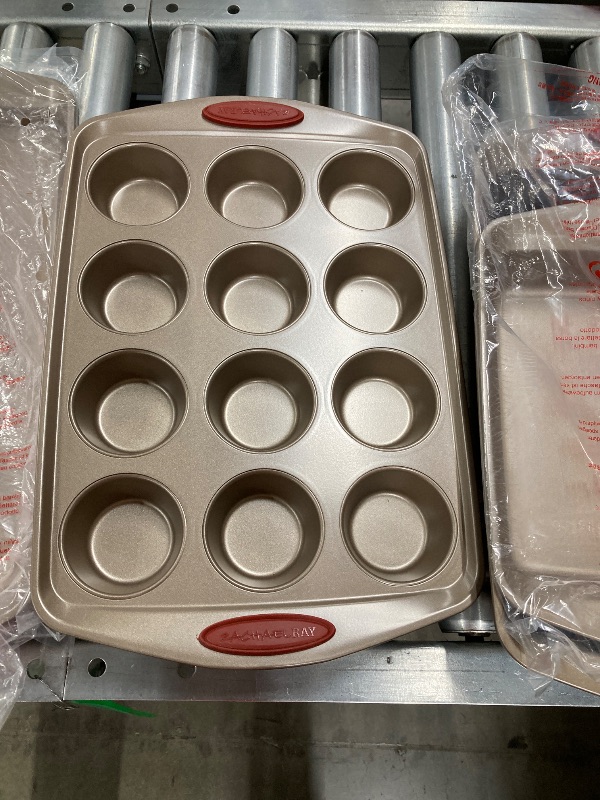 Photo 1 of ***(PARTIAL SET, MISSING PIECES)*** Rachael Ray Cucina Nonstick Bakeware Set Baking Cookie Sheets Cake Muffin Bread Pan, 10 Piece, Latte Brown with Cranberry Red Grips