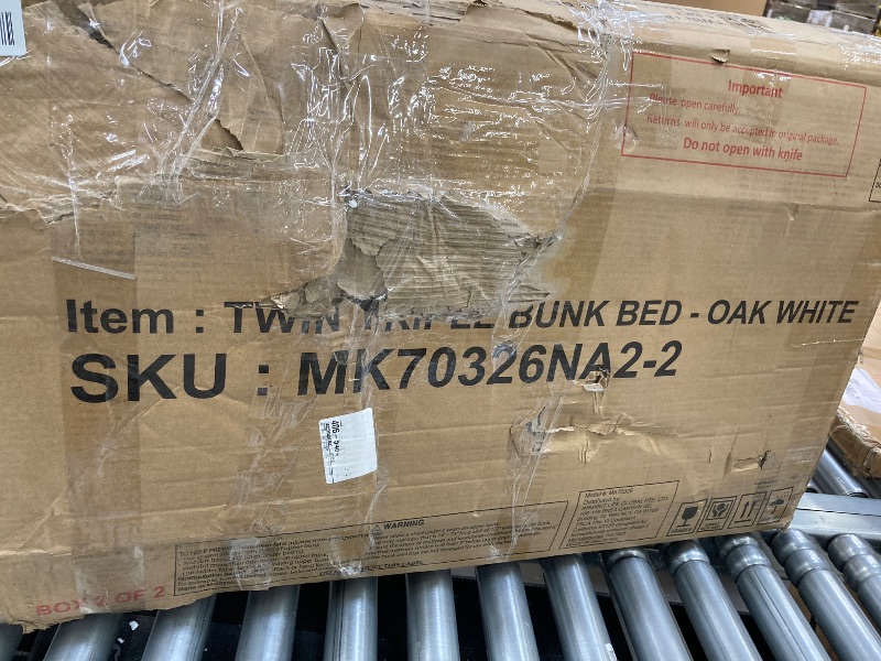 Photo 1 of ****BOX 2 OF 2 /PARTIAL SET *****PVWIIK Triple Bunk Bed with Built-in Ladders & Guardrails for Kids' Bedroom, Bunk Bed w/Detachable Twin Bunk Bed for Dorm, Guest Room, No Box Spring Needed, Easy Assembly, Oak