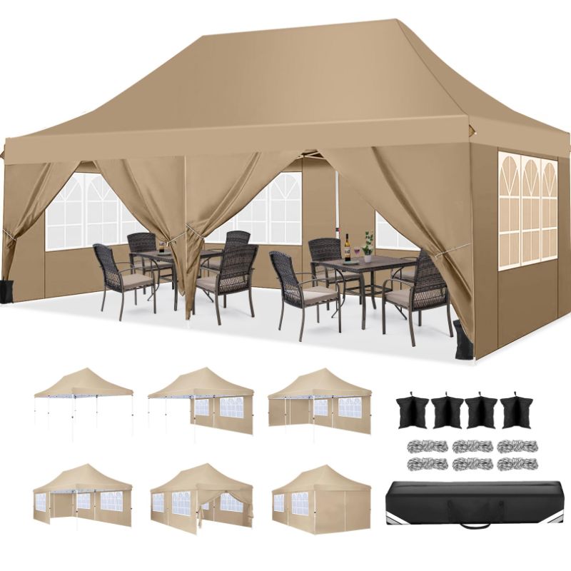 Photo 1 of ****USED*/*MINOR DAMAGE ****COBIZI Canopy 10x20 Pop Up Canopy Tent with 6 Sidewalls, Waterproof Commercial Canopy Ez Outdoor Instant Gazebo Easy to Set up Event Shelter, Garden Tents for Parties with Sandbags, Khaki