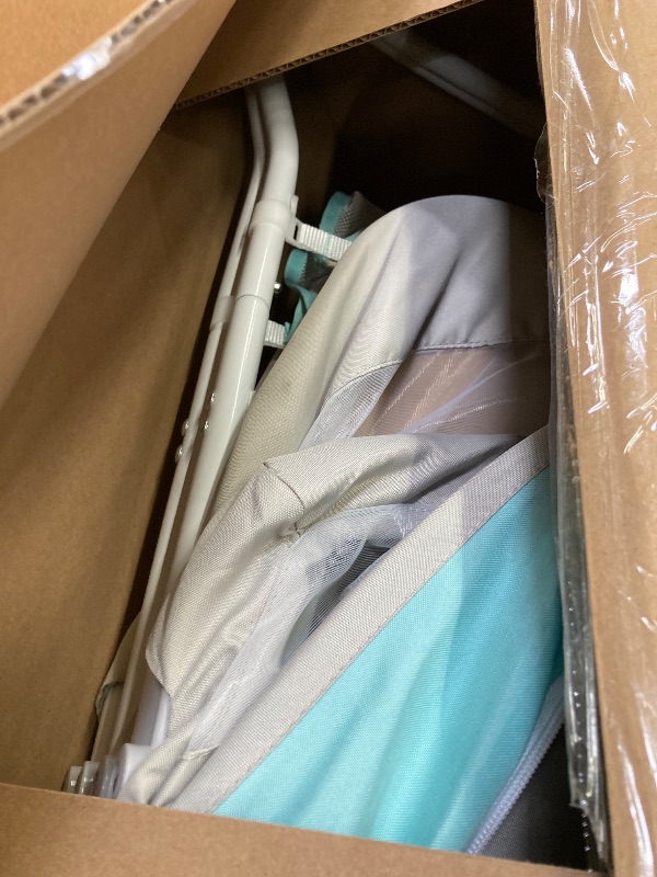 Photo 1 of **** USED***Dream On Me Karley Bassinet in Blue & Grey, Lightweight Portable Baby Bassinet, Quick Fold and Easy to Carry , Adjustable Double Canopy, Indoor and Outdoor Bassinet with Large Storage Basket.