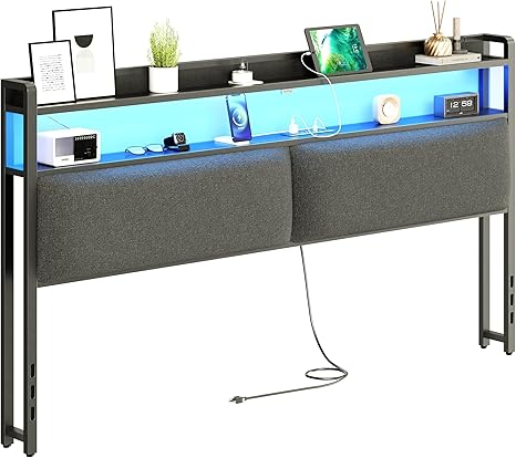 Photo 1 of **The photo and description is only to the reference, please see the Manual. **Queen Size Headboard Only, Upholstered Headboard with Charging Station, Head Board with Open Storage, Height Adjustable Black.