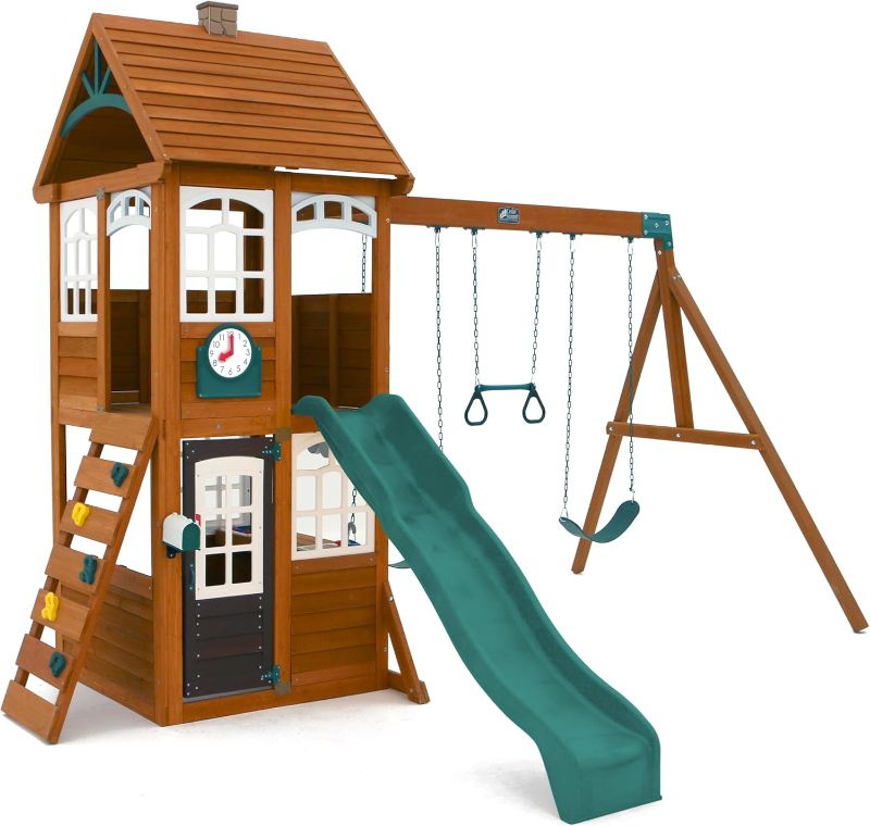 Photo 1 of -Box 2 of 3 Only- KidKraft Kennedy Springs Wooden Outdoor Swing Set with Slide and Rock Wall
