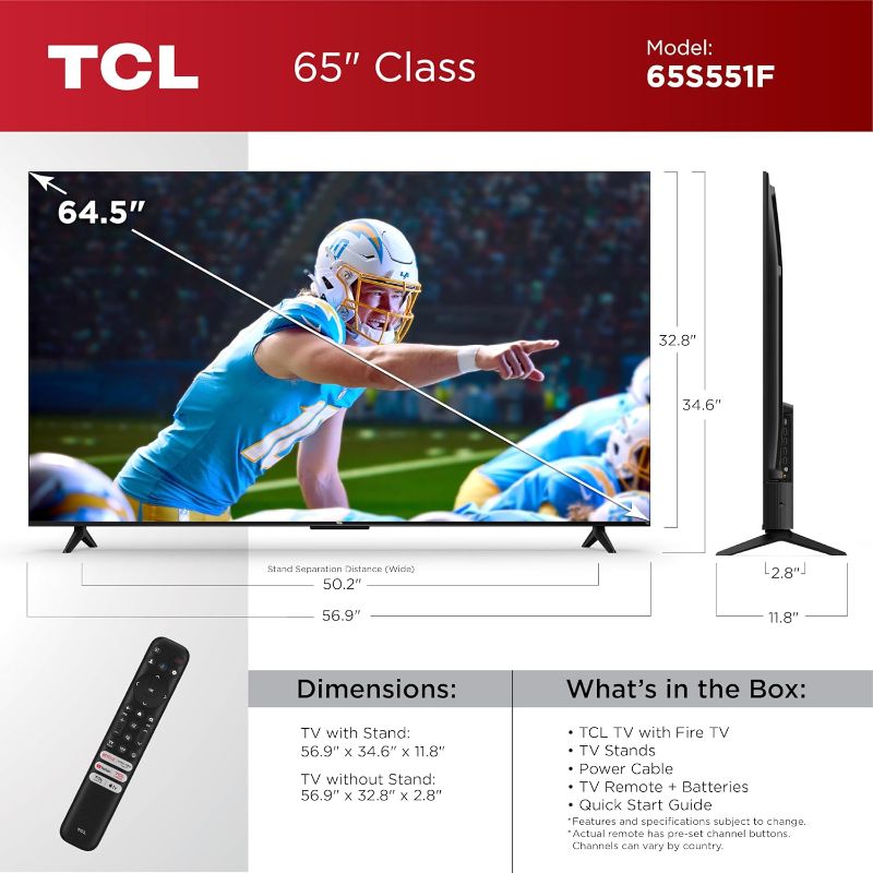 Photo 1 of **This TV is missing its cord to turn on the tv, unknown if it works or not. **

TCL 65-Inch Class S5 UHD 4K LED Smart TV with Fire TV (65S551F, 2024 Model), Dolby Vision, HDR PRO+, Dolby Atmos, Alexa Built-in with Voice Remote, Apple Airplay 2 Compatibil