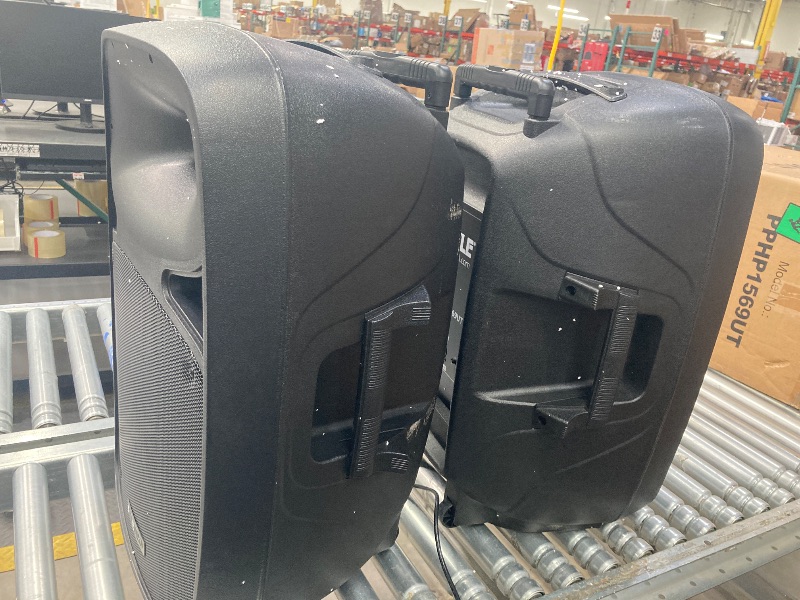 Photo 1 of **Parts only; Scratches along both sides of the speaker, see pictures, LED lights do not work on any of the speakers. Only one speaker works, there is also static on the radio when turned-on. **

Pyle PA Combo Speaker System - 500 Watt Max Power Output wi