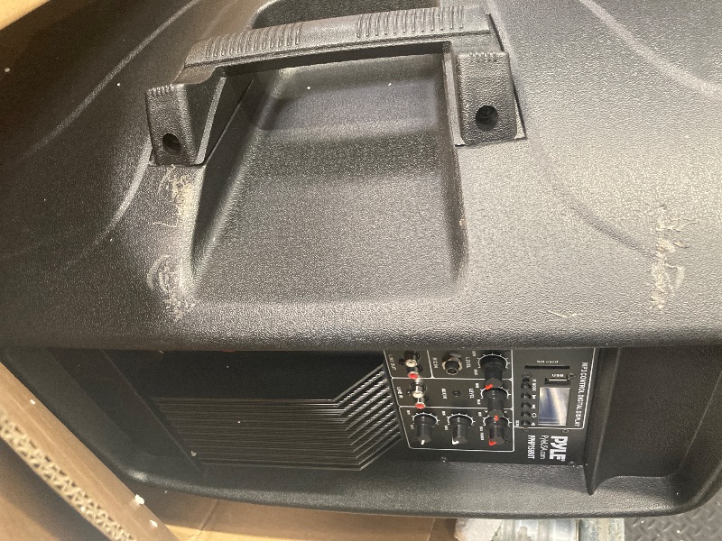 Photo 1 of **Parts only; Scratches along both sides of the speaker, see pictures, LED lights do not work on any of the speakers. Only one speaker works, there is also static on the radio when turned-on. **

Pyle PA Combo Speaker System - 500 Watt Max Power Output wi