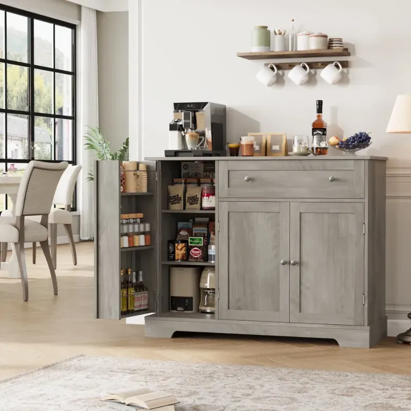 Photo 1 of **Missing instructions** 
Homfa Kitchen Sideboard Buffet Cabinet with Drawers and Adjustable Shelf, 3 Doors Wood Pantry Cabinet for Dinning Room, Gray