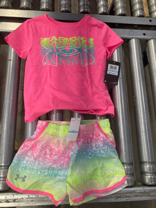 Photo 1 of ** Main Picture is for reference, color may differ, please see attached pictures. 

Under Armour girls Short Sleeve Shirt and Shorts Set, Durable Stretch and Lightweight, Pink Multi Color; Size 5 Girls