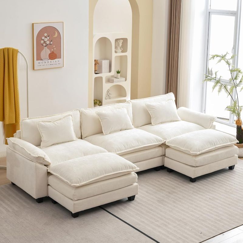 Photo 1 of **Box 1 of 3!!
 Box A,!!! ONLY MIDDLE SOFA IS IN THIS BOX; PLEASE SEE STOCK PHOTO BELOW!!!! **

120" Modular Sectional Sofa, Comfy Cloud Couch Sectional Sofa with Ottoman, Chenille Sofa Sleeper Deep Seat Sofa with Throw Pillows for Living Room (Beige Whit