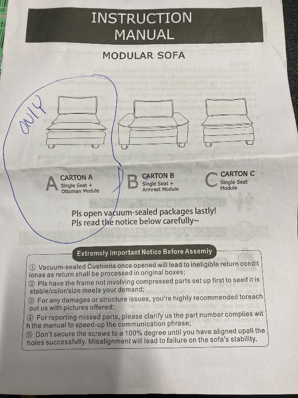 Photo 1 of **Box 1 of 3!!
 Box A,!!! ONLY MIDDLE SOFA IS IN THIS BOX; PLEASE SEE STOCK PHOTO BELOW!!!! **

120" Modular Sectional Sofa, Comfy Cloud Couch Sectional Sofa with Ottoman, Chenille Sofa Sleeper Deep Seat Sofa with Throw Pillows for Living Room (Beige Whit