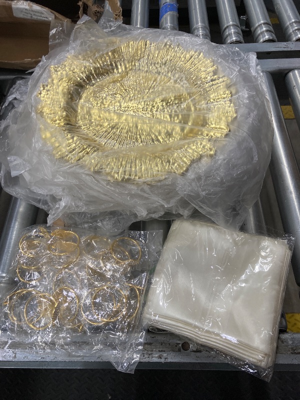 Photo 1 of **This is a partial set. **
Tioncy 72 Pcs Chargers for Dinner Plates 13 Inch Round Plastic Reef Plate Chargers with Napkin Rings and Satin Napkin for Dinner Wedding Party Decoration(Gold,Shinny)