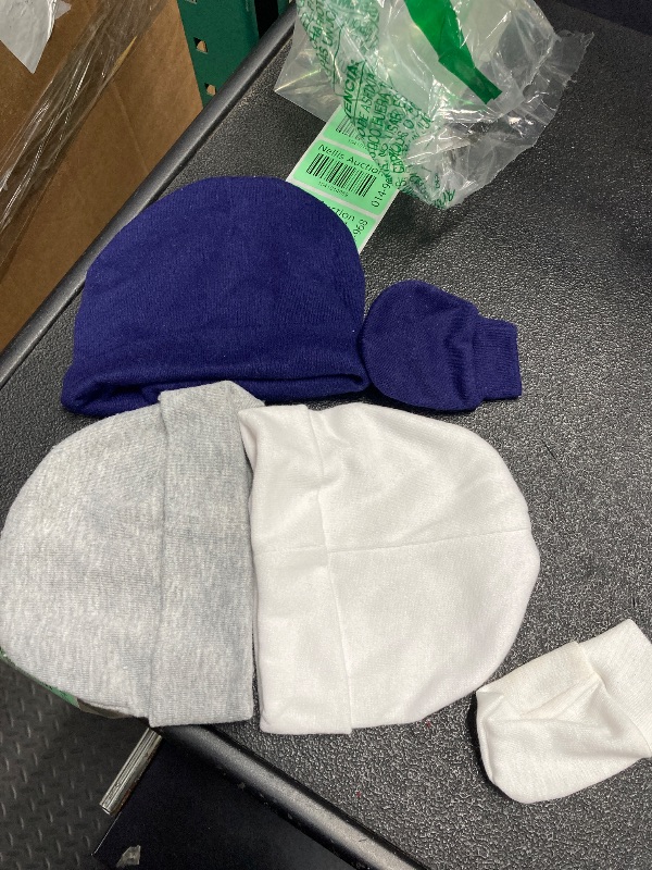 Photo 1 of **Some mittens are currently missing. Please see photos below. Not a full set of mittens. **

Zando Baby Hats and Mittens Infant Beanie Caps 3-Pack White/Grey/Dark Blue Newborn Hospital Hat Essentials Must Haves Warm Knit Beanie Safety Anti-Scratch Gloves