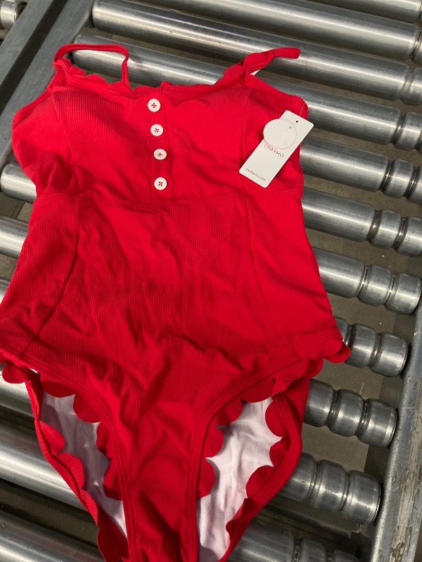 Photo 1 of **Color is red, stock photo is for reference**

Charmo Women's One-Piece Swimsuits Ribbed Scoop Neck Scalloped Bathing Suits Button Swimming Suit