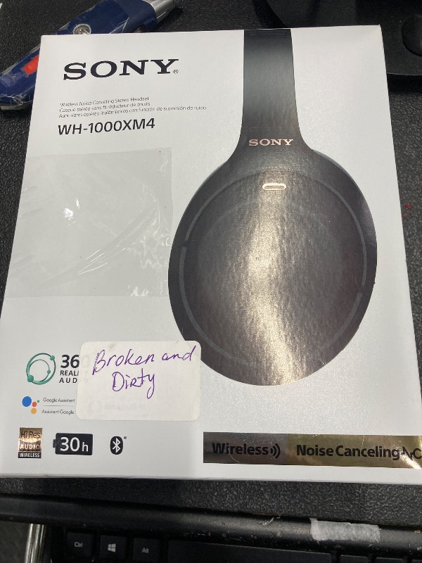Photo 1 of **The right headphone side has detached, could be fixed. See pictures. **

Sony WH-1000XM4 Wireless Noise Canceling Overhead Headphones with Mic for Phone-Call, Voice Control, Black, with USB Wall Adapter and Microfiber Cleaning Cloth - Bundle