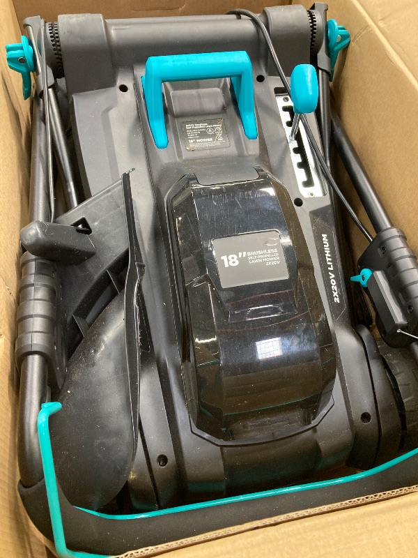 Photo 1 of ***DUST/DIRTY, SOME SCUFFS/SCRATCHES***
Mightymow Brushless Self-Propelled Lawn Mower, 2*20V 18" Cordless Lawn Mower, with 2*4.0Ah Battery& Dual Charger Included
