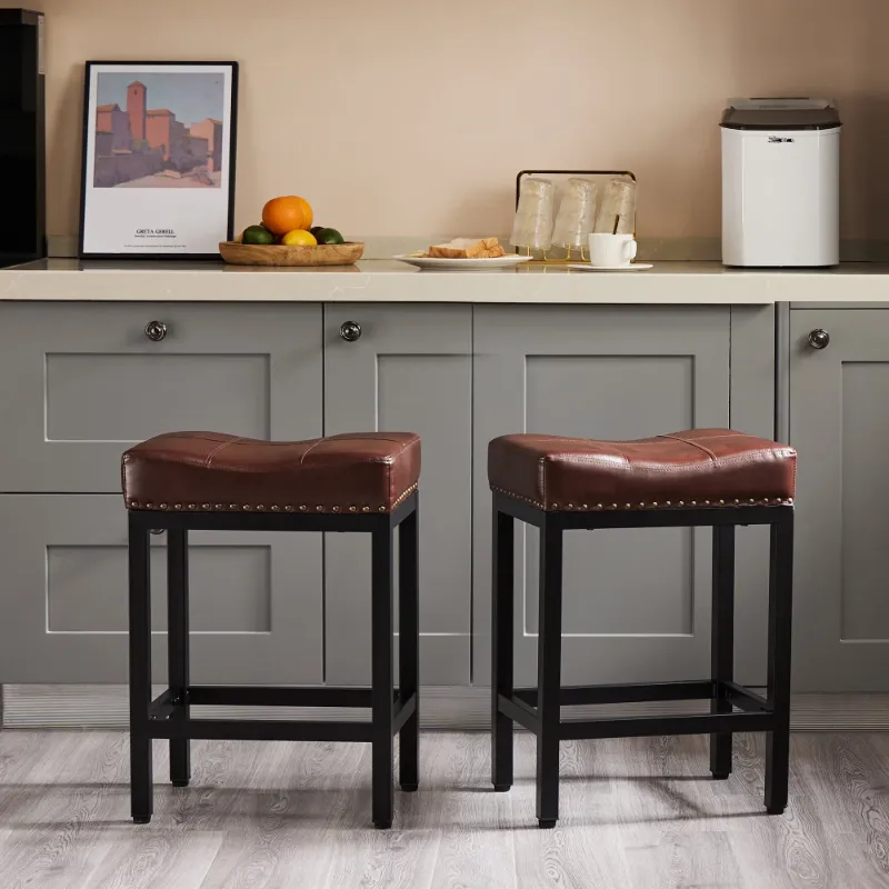 Photo 1 of 
edx Bar Stools Set of 2, Modern Counter Height, 24 Inch Kitchen Barstools with Metal Base, PU Leather Saddle Seats for Kitchen Island, Brown