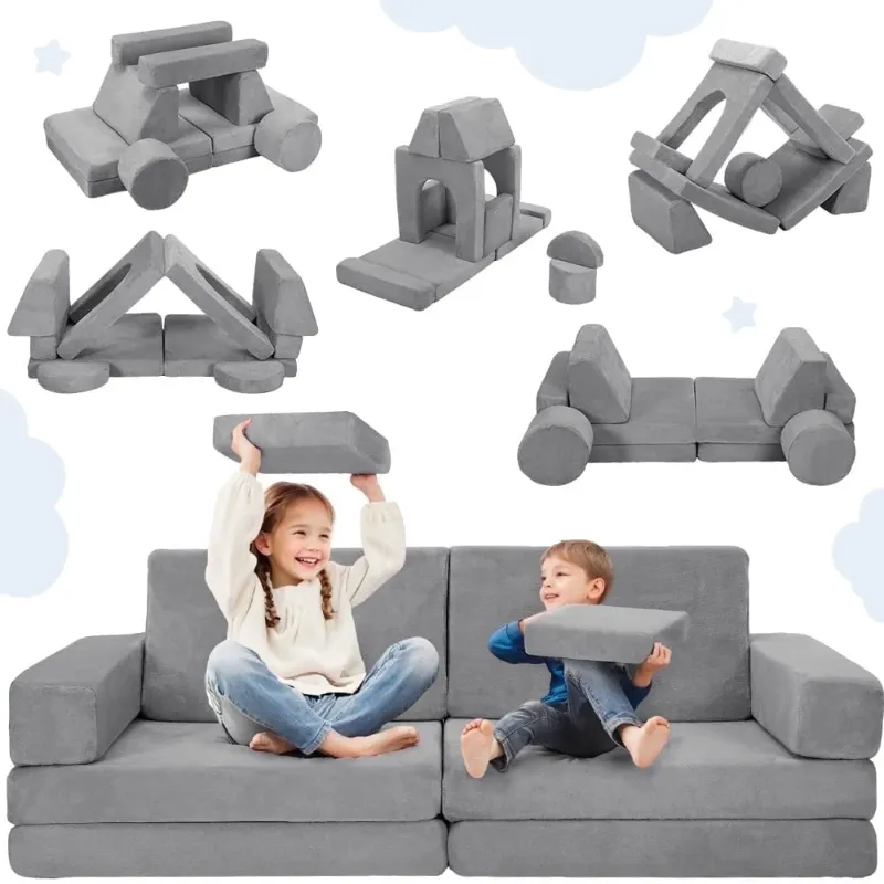 Photo 1 of 14Pcs Kids Play Couch, Caveen Baby Playroom Furniture Convertible Foam and Floor Cushion for Toddler,Gray