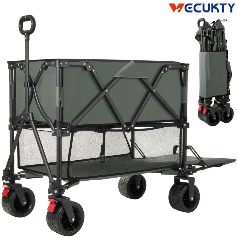 Photo 1 of **DAMAGED-ONE SIDE BAR BROKEN**Folding Double Decker Camping Wagon, VECUKTY Heavy Duty Collapsible Outdoor Wagon Cart with 54" Lower Decker, All-Terrain Big Wheels Support Up to 500lbs, Gray
