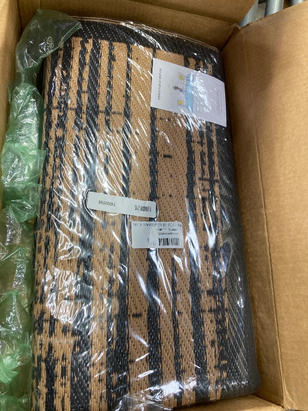 Photo 1 of **reference imageWaterproof Outdoor Rug 8x10 Contemporary Reversible Plastic Straw Rug, Easy Cleaning Striped Patio Carpet, UV-Resistant Indoor Outdoor Floor Cover for RV, Porch, Deck, Backyard, Black Brown