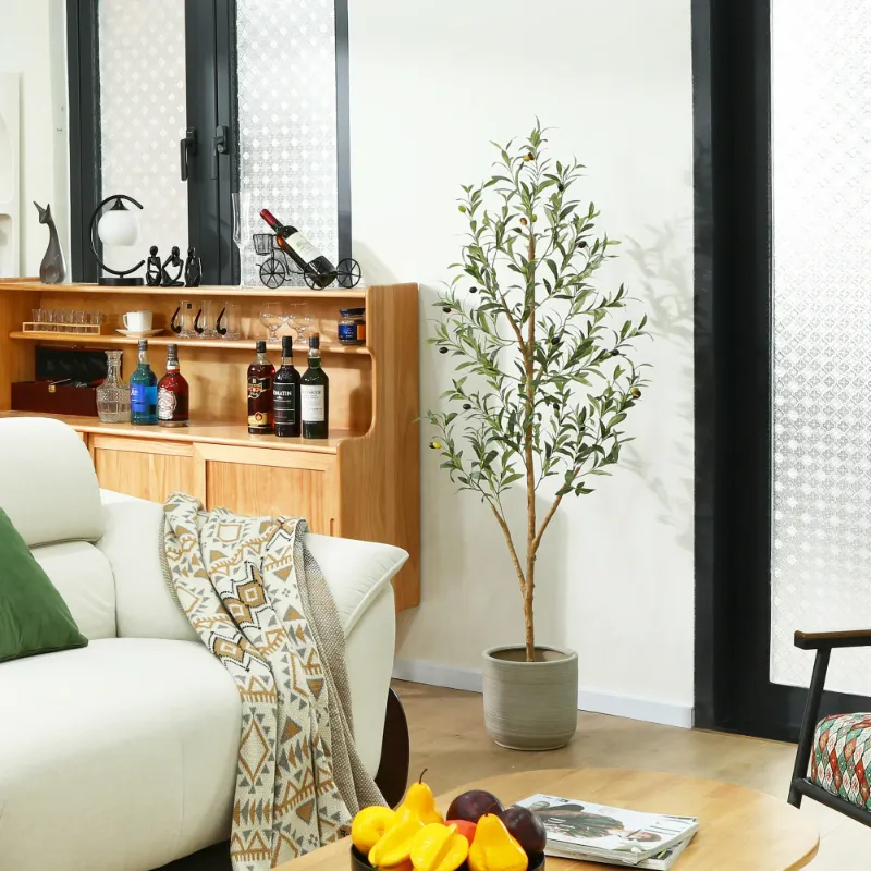 Photo 1 of 2 Pack 5 ft Artificial Olive Plants with Realistic Leaves and Natural Trunk, Silk Fake Olive Tree in Black Plastic Pot, Faux Olive Tree for Office Home
