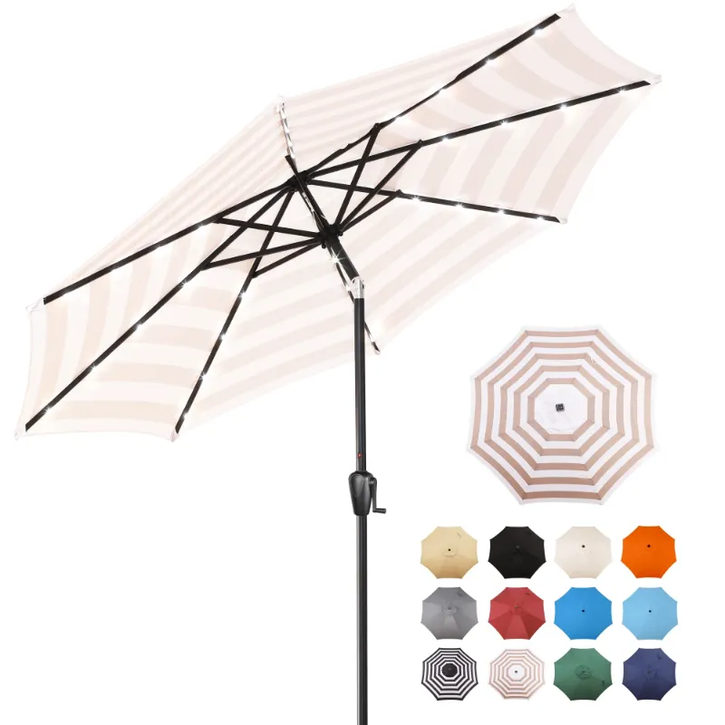 Photo 1 of **WONT STAY OPEN/PARTS ONLY**Sun-Ray 9 FT 32 LED Patio Solar Umbrella w/ Push Button Tilt and Crank Outdoor Umbrella, 8 Sturdy Ribs, UV Protection, Solution-Dyed Fabric, Beige and White Stripe
