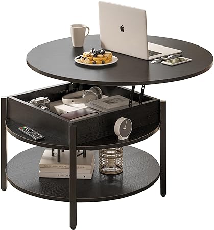 Photo 1 of  Round Lift Top Coffee Table with Storage and Hidden Compartment, 26.77'' Farmhouse Coffee Table for Living Room Reception Room, 2 Tier Small Round Coffee Table Circle Dining Table, Black