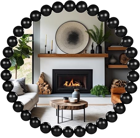 Photo 1 of 24 Inch Round Wall Mirror Black Decorative Wall Mirror with Wood Beads – Decorative Circle Beaded Mirror for Bathroom, Living Room, Entryway, Bedroom and Modern Farmhouse Wall Decor (Black)