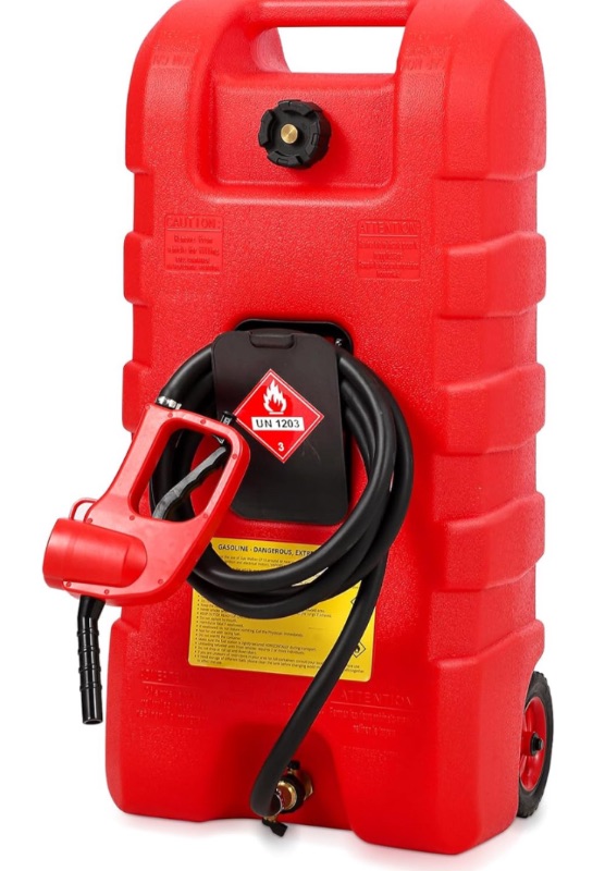 Photo 1 of 15 Gallon Gas Can, Fuel Tank Container with LE Fluid Transfer Manual Siphon Pump & 10FT Hose, Portable Diesel Gas Storage Caddy with Wheels for Car, ATV, Weeder, Boat, etc., Red