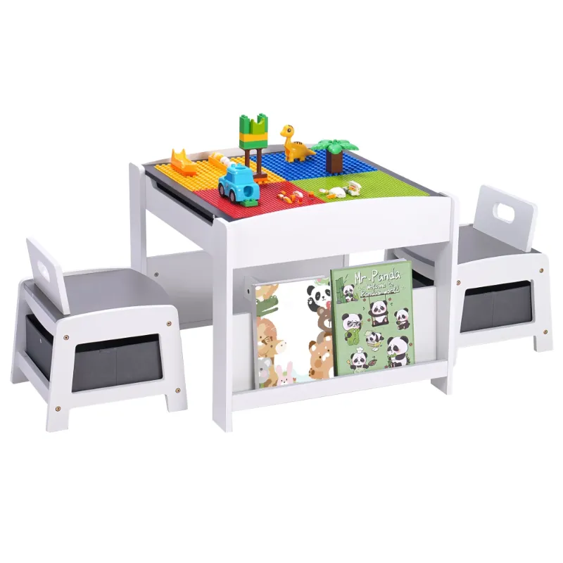 Photo 1 of 2 in 1 Kids Table and Chair Set,Reading,Build Blocks,with Bookshelves and Storage Drawer,White Grey