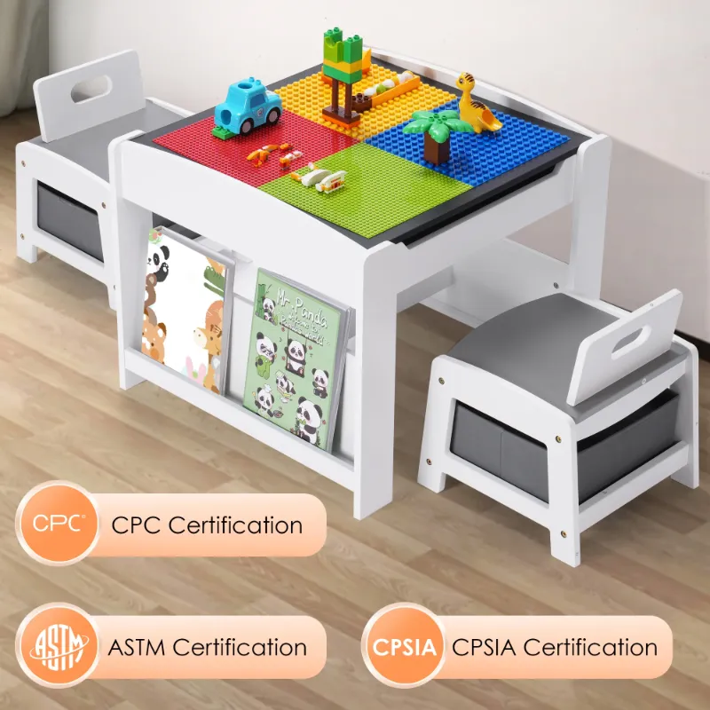 Photo 1 of 2 in 1 Kids Table and Chair Set,Reading,Build Blocks,with Bookshelves and Storage Drawer,White Grey