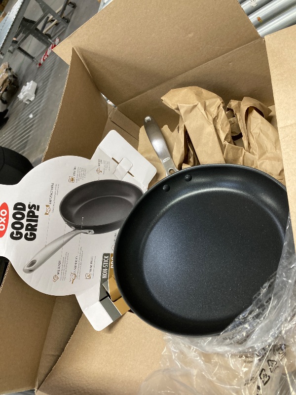 Photo 1 of OXO Enhanced 12" Frying Pan Skillet, PFAS-Free Ceramic Nonstick, Durable Hard Anodized Cookware, Scratch Resistant, Stainless Steel Handle, Good Grips, Dishwasher & Oven safe, Black***Pan has a small dent as per pic***