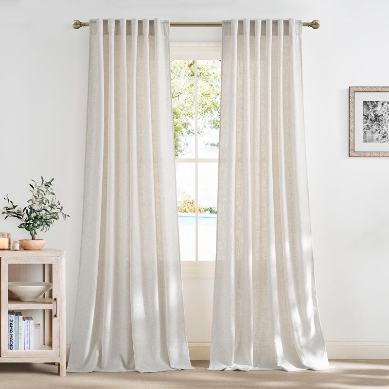Photo 1 of **reference image** H.VERSAILTEX Thick Flax Linen Curtains Set of 2 Panels - 52" x 96" Semi Sheer Farmhouse Light Filtering Window Curtains, Natural Color