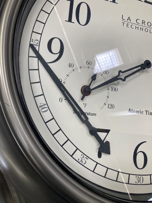 Photo 1 of ***(PARTS ONLY -HANDS BROKEN -SELLING AS PARTS ONLY)*** 
La Crosse Technology 404-00237-INT 18" Atomic Outdoor Clock with Thermometer & Hygrometer