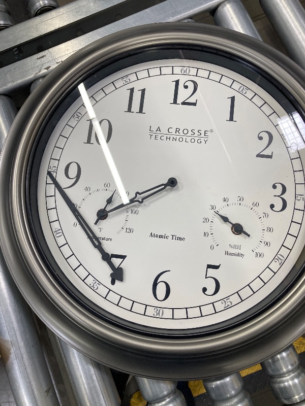 Photo 1 of ***(PARTS ONLY -HANDS BROKEN -SELLING AS PARTS ONLY)*** 
La Crosse Technology 404-00237-INT 18" Atomic Outdoor Clock with Thermometer & Hygrometer