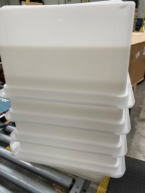 Photo 1 of $ white storage rectangles with snap on lids. One lid has a crack as shown in picture